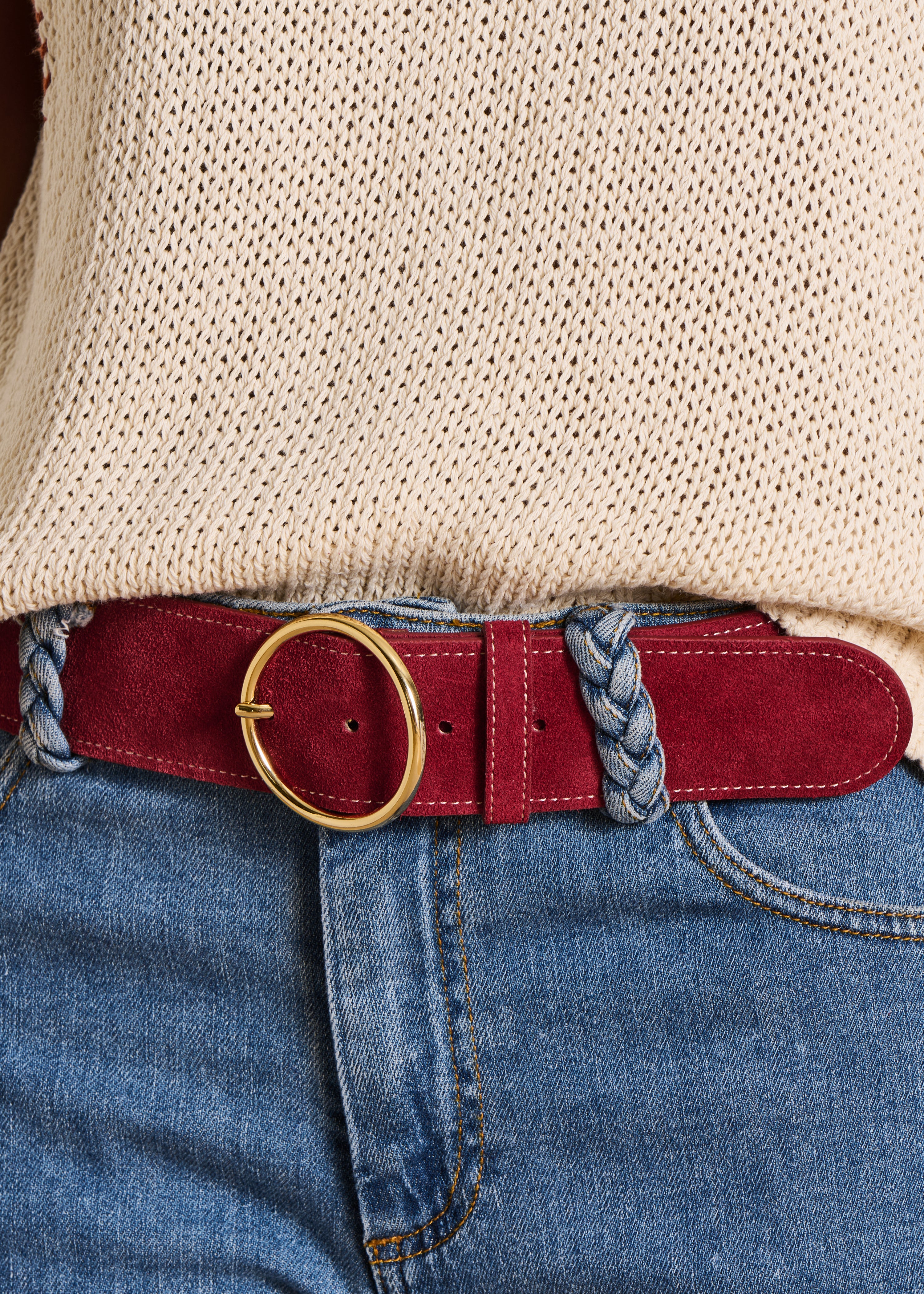 Ceinture en croûte de cuir bordeaux avec surpiqûres - Image 3