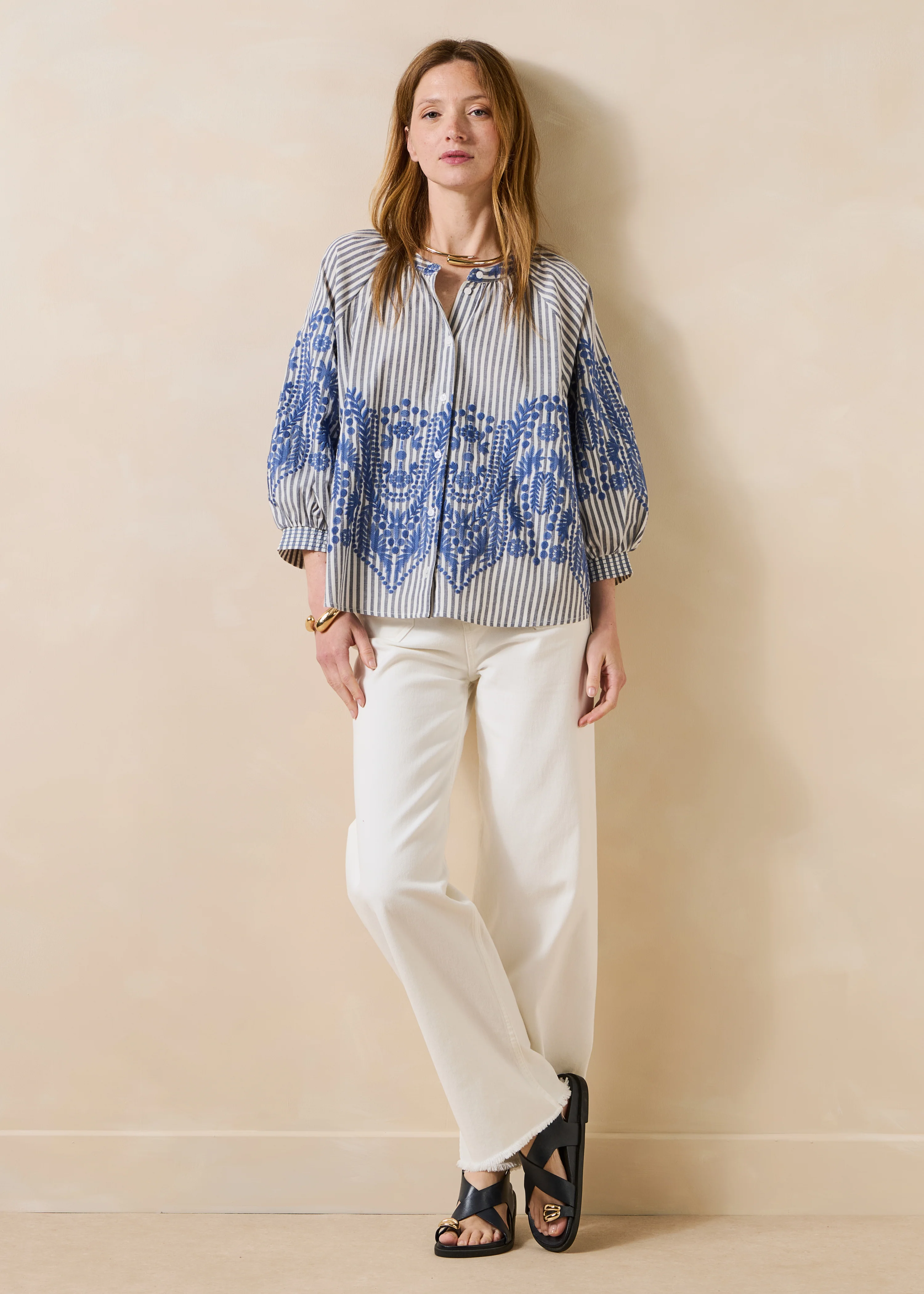 Chemise ample bleu marine à rayures et motif jacquard - Image 2