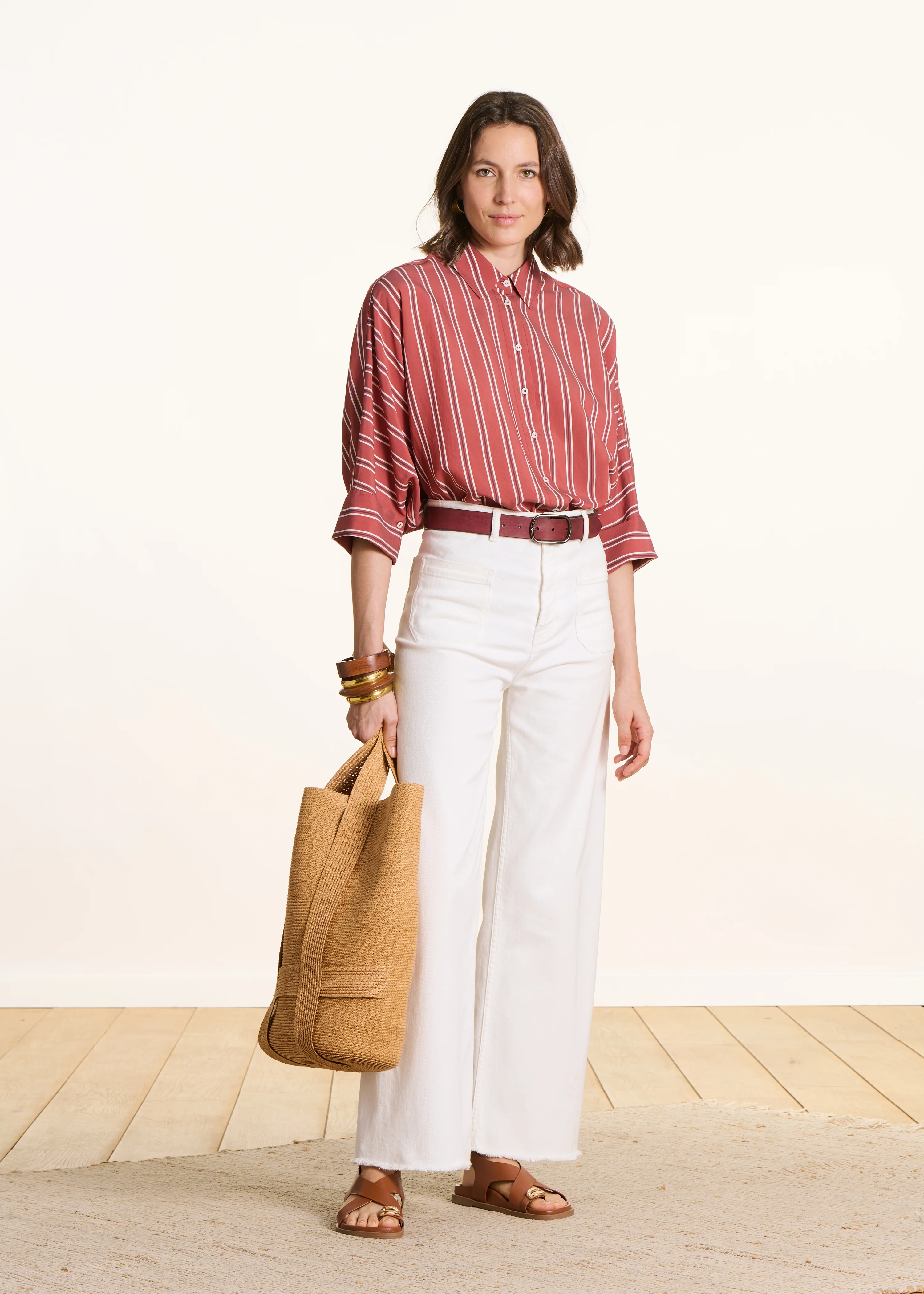 Chemise oversize rayée rouge en popeline - Image 3