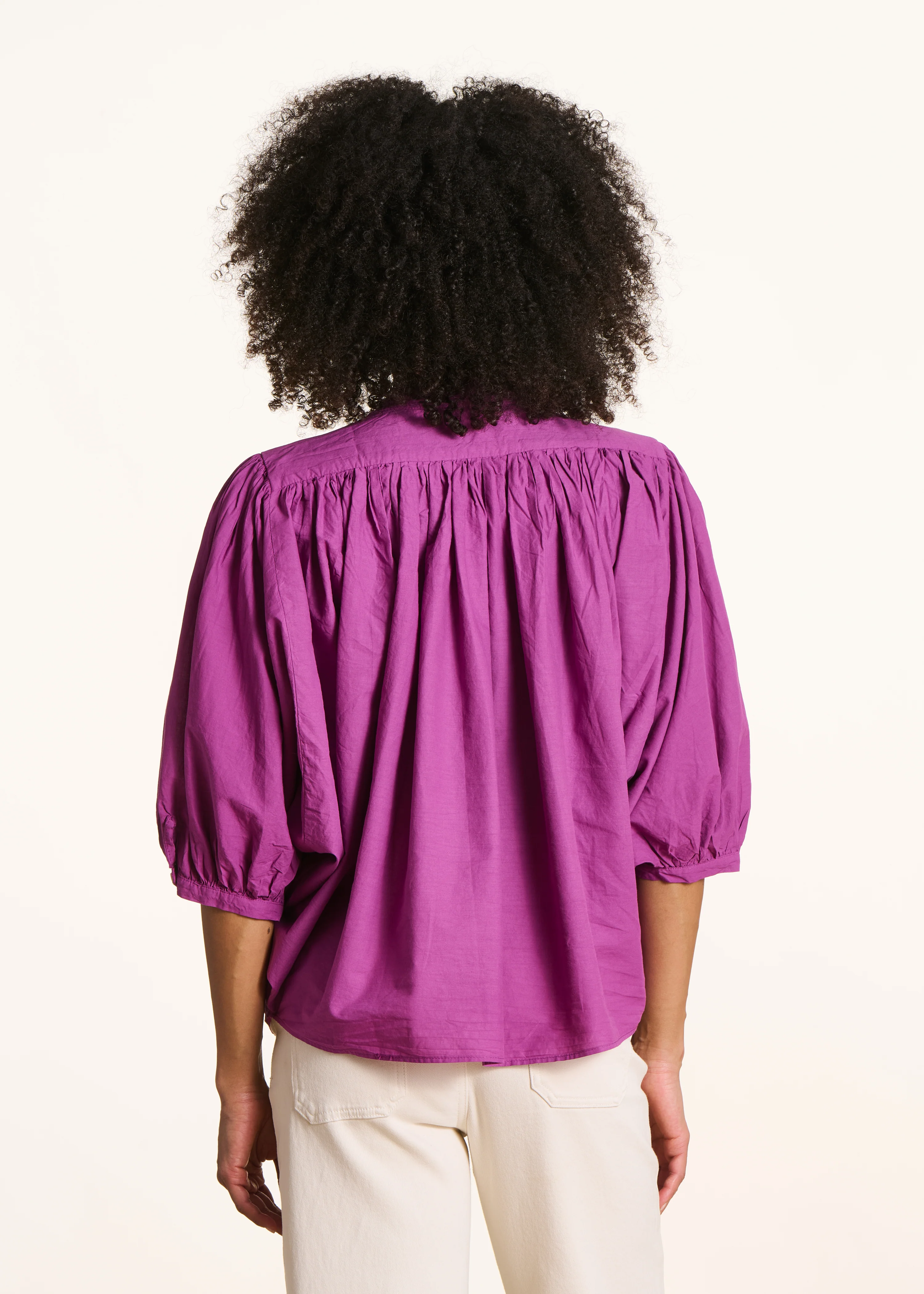 Chemisier rose fuchsia uni en coton manches 3/4 - Image 3