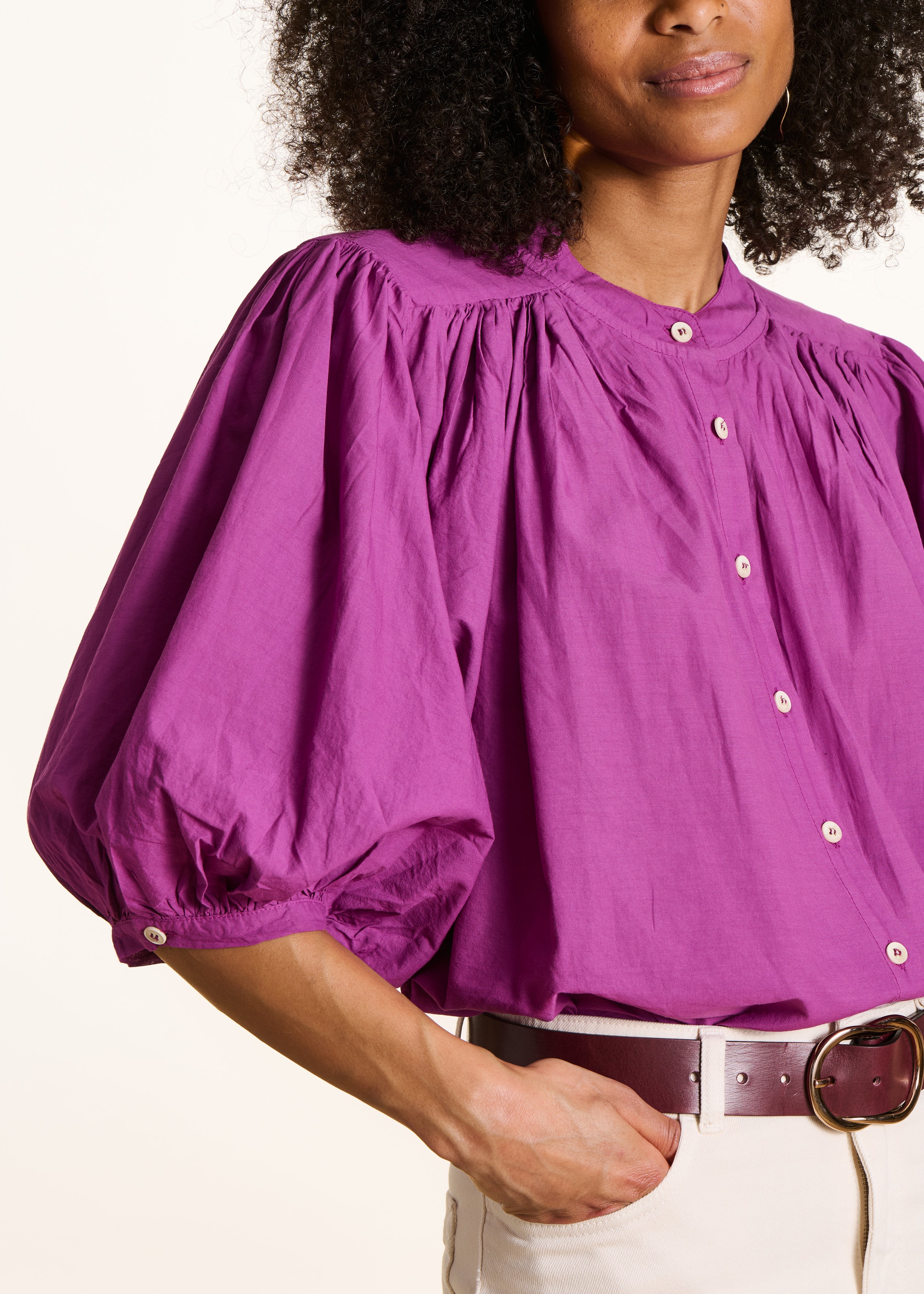 Chemisier rose fuchsia uni en coton manches 3/4 - Image 5