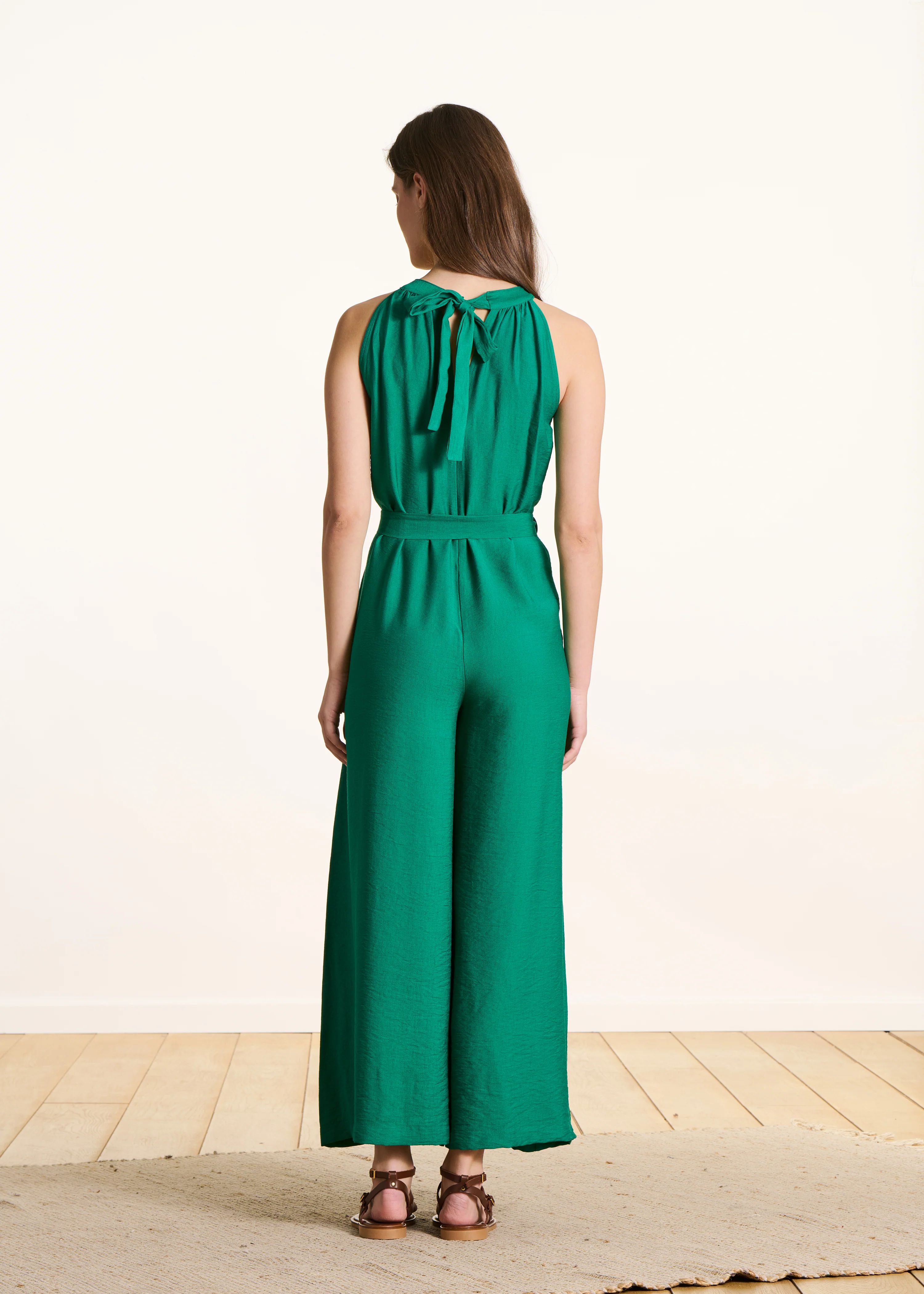 Combinaison longue fluide verte en jacquard - Image 3