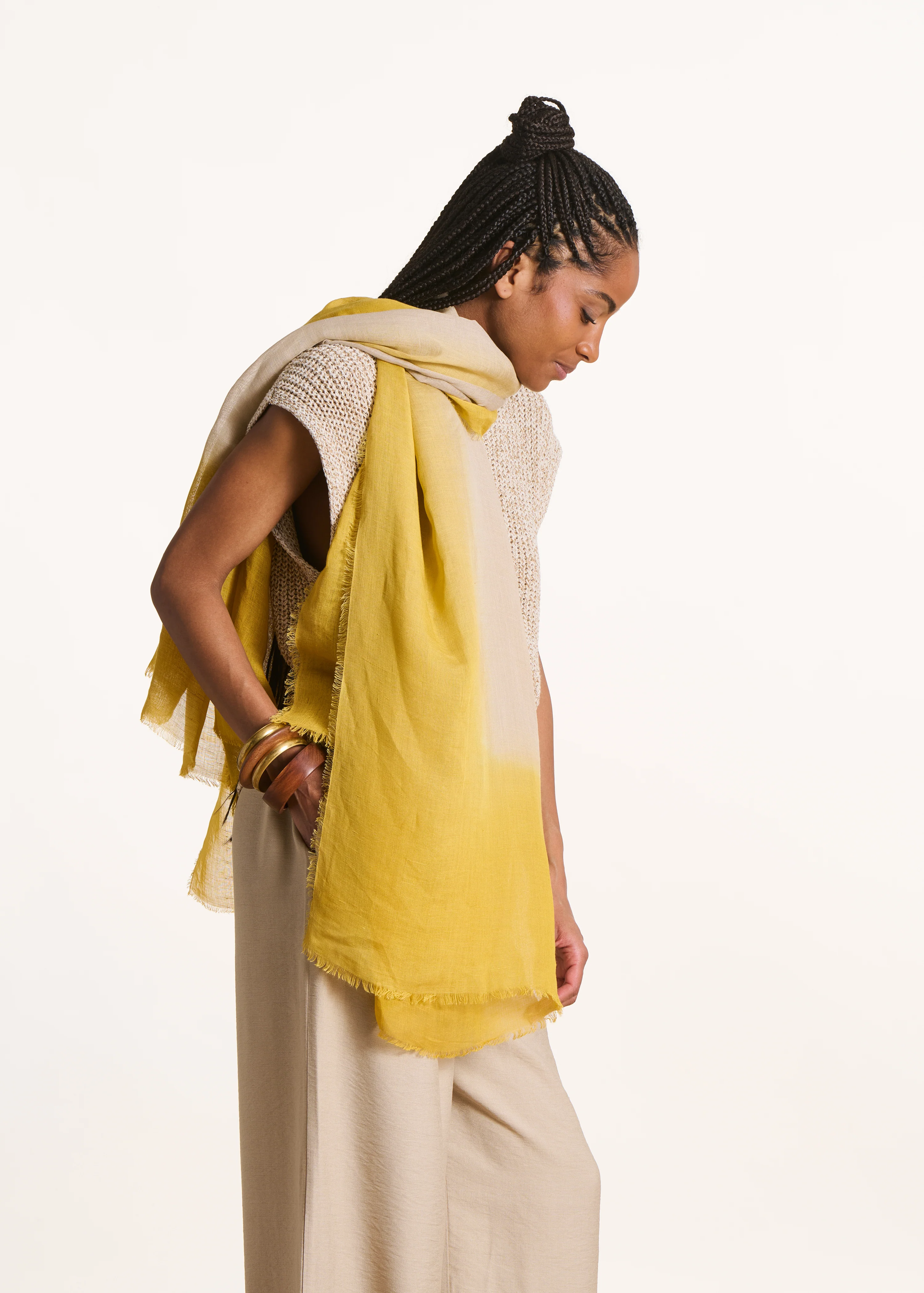 Foulard imprimé jaune tie & dye en coton et lin