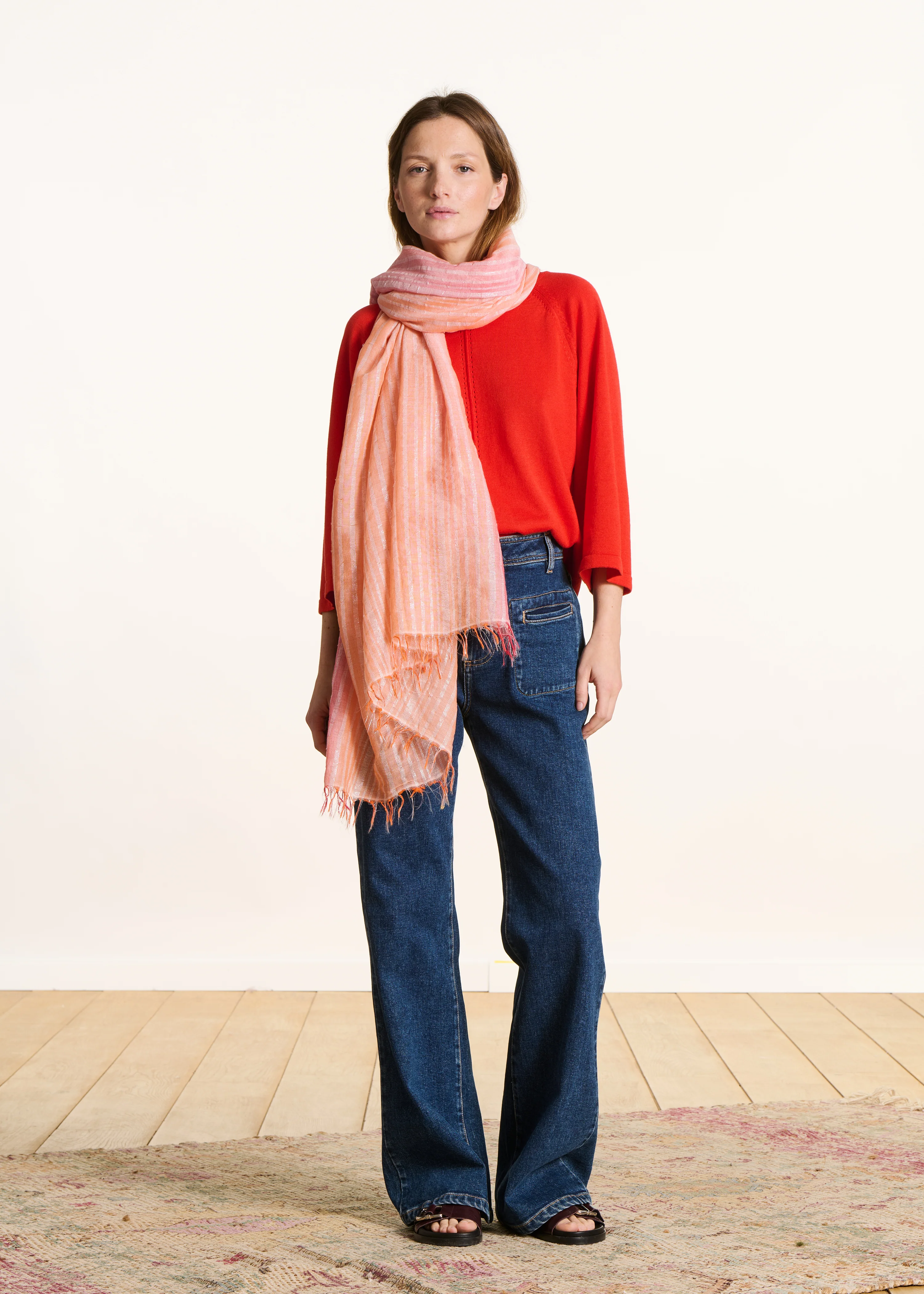 Foulard orange en coton à rayures lurex - Image 4