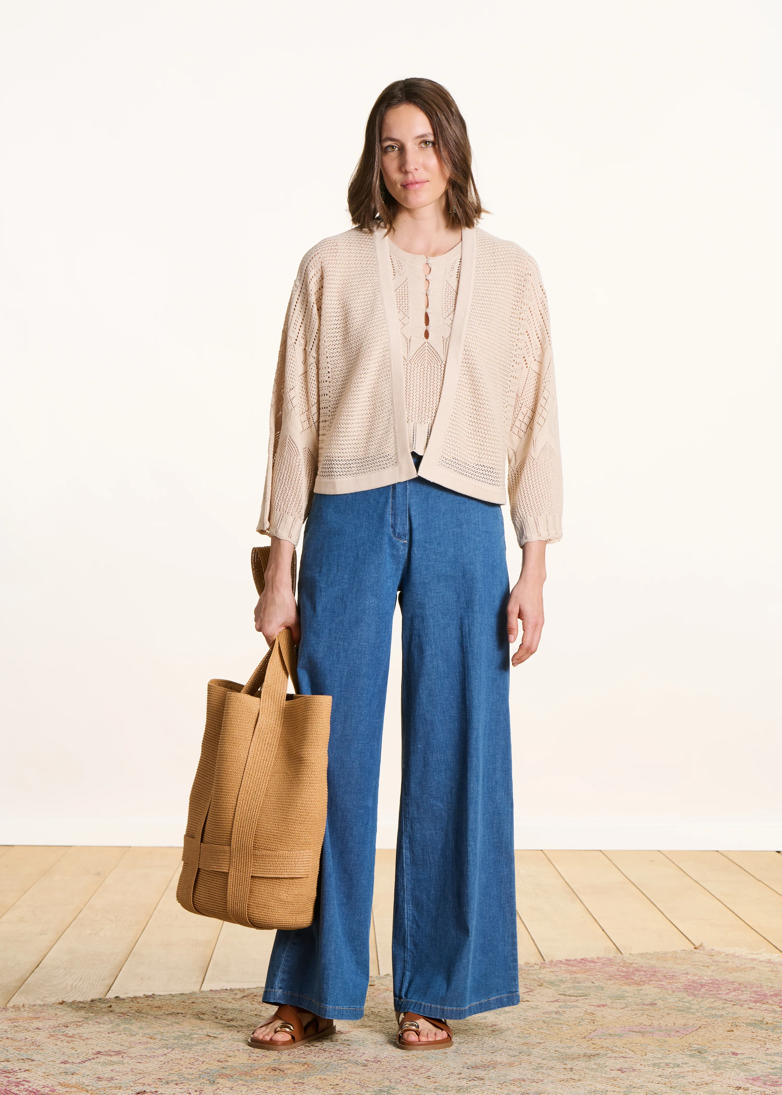 Gilet court beige en maille pointelle - Image 2