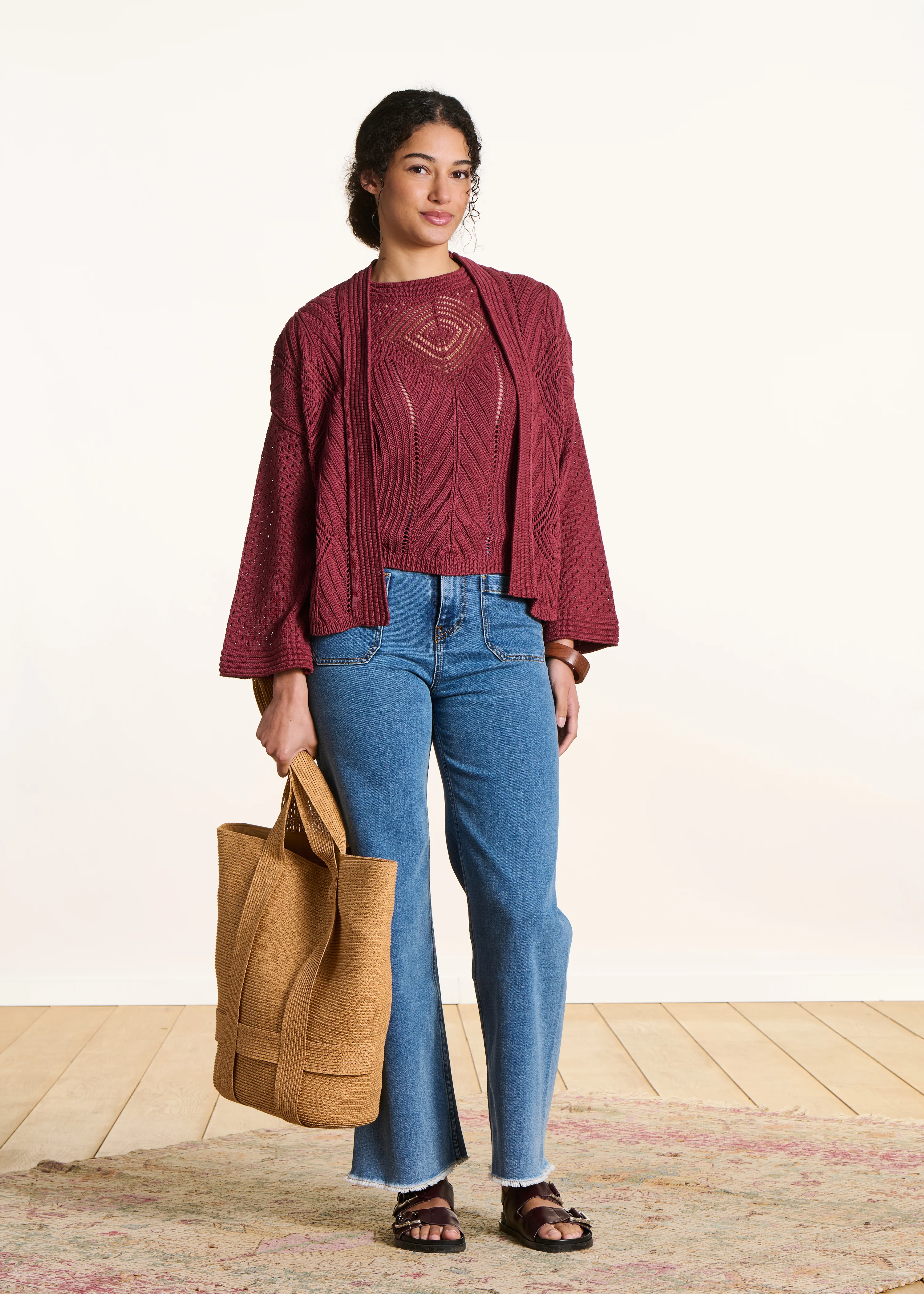 Gilet bordeaux ouvert en maille crochet ajourée - Image 2