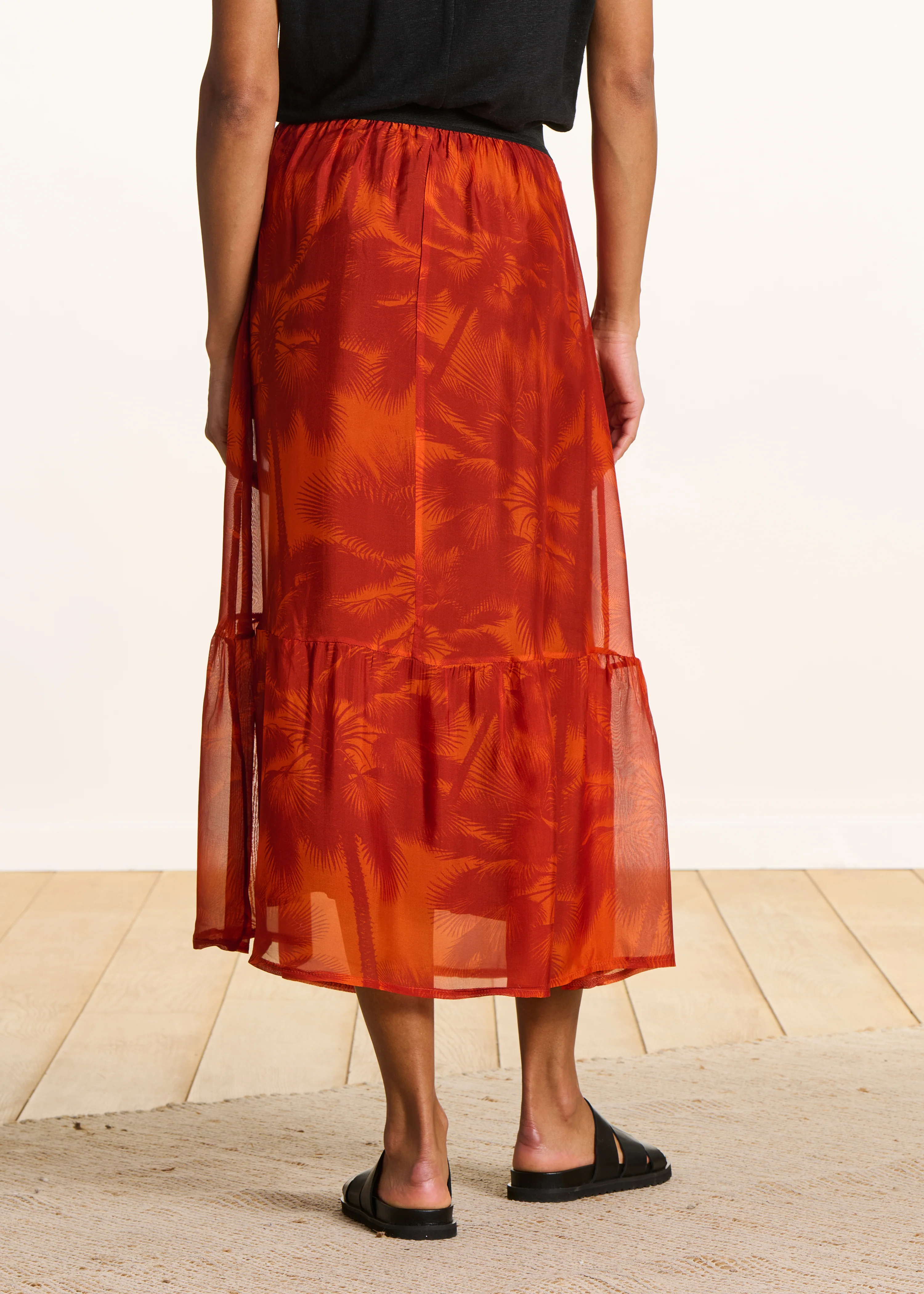 Jupe midi élastiquée orange en voile imprimé - Image 3