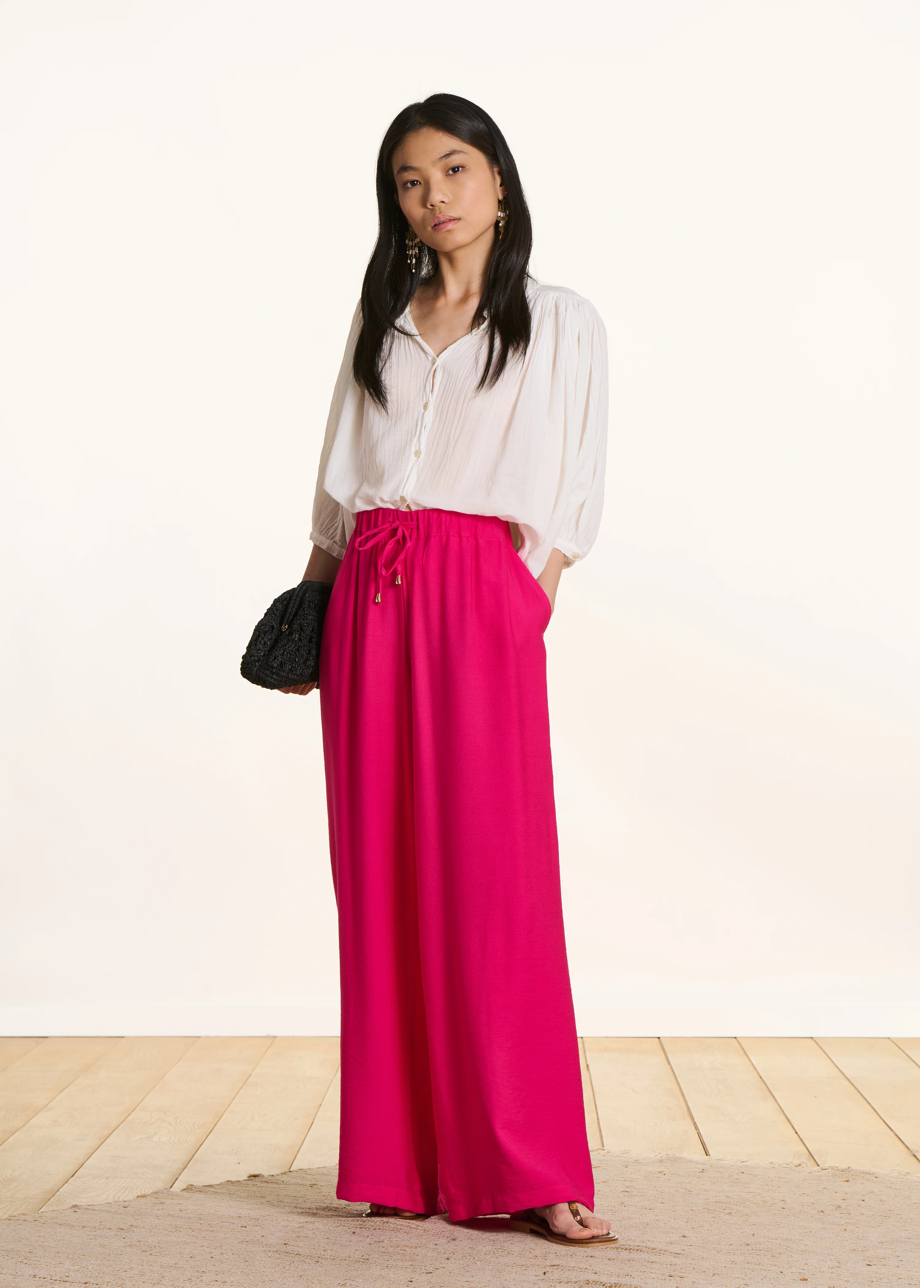 Pantalon large rose fuchsia taille élastiquée