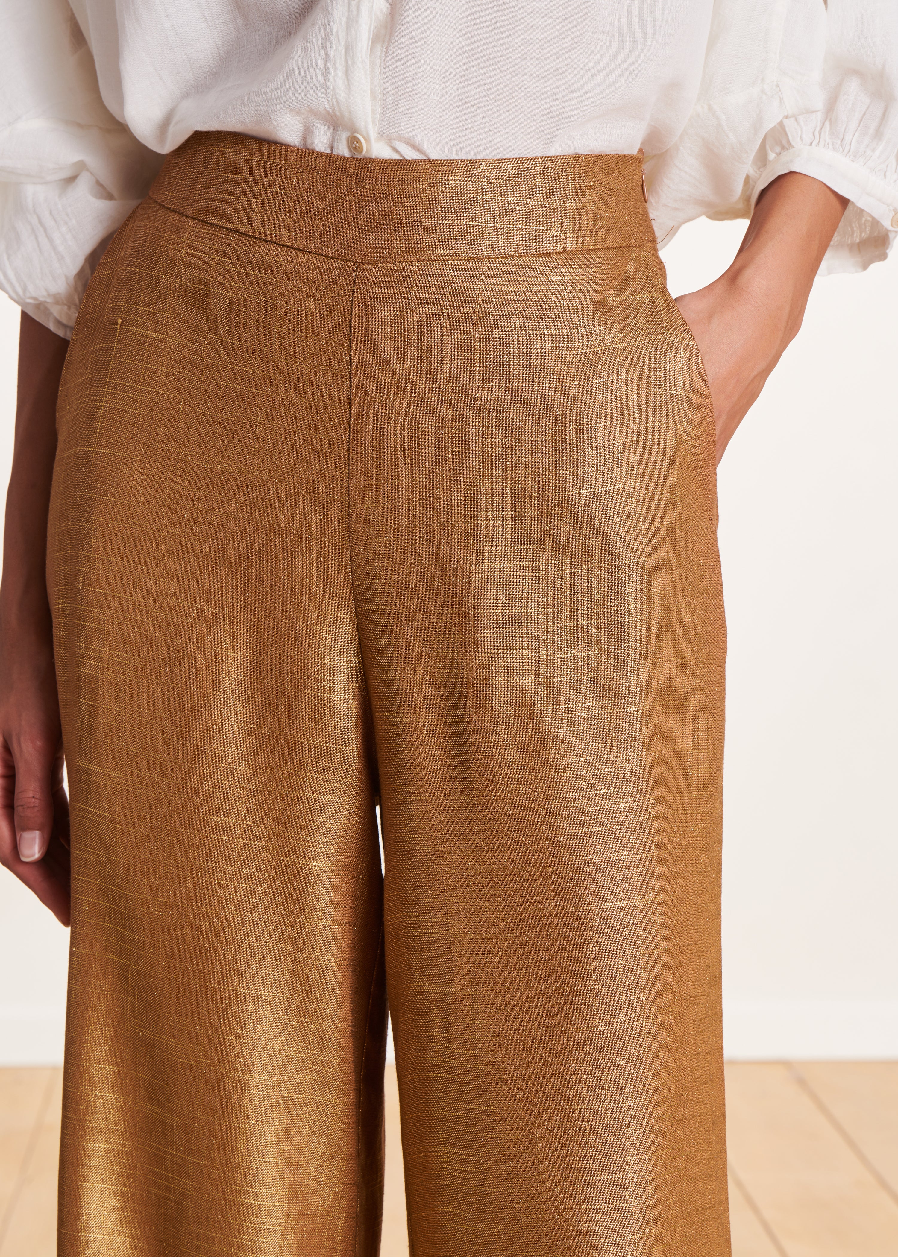 Pantalon bronze en lin foiled taille haute - Image 5