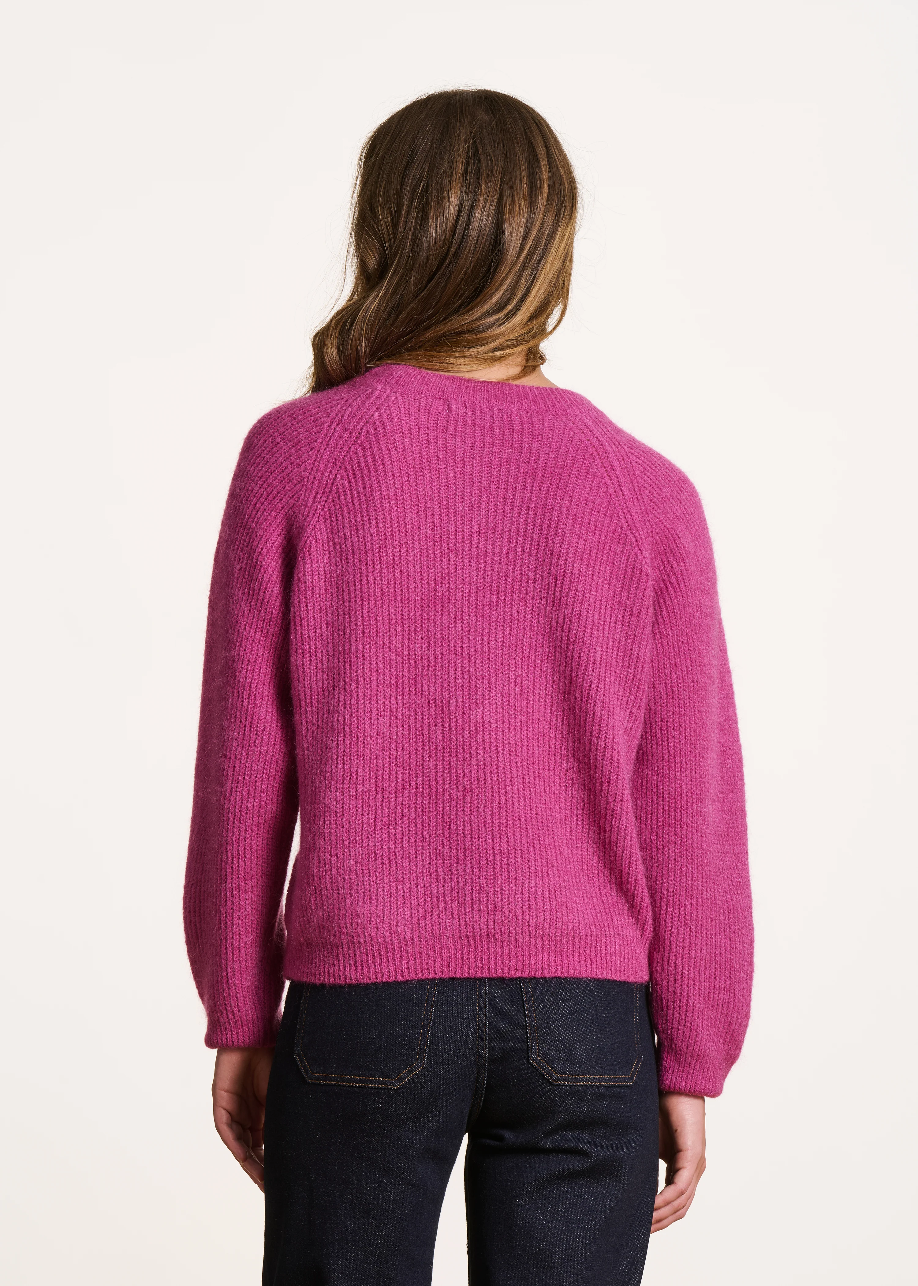 Pull rose fuchsia manches longues col rond maille à côtes - Image 3