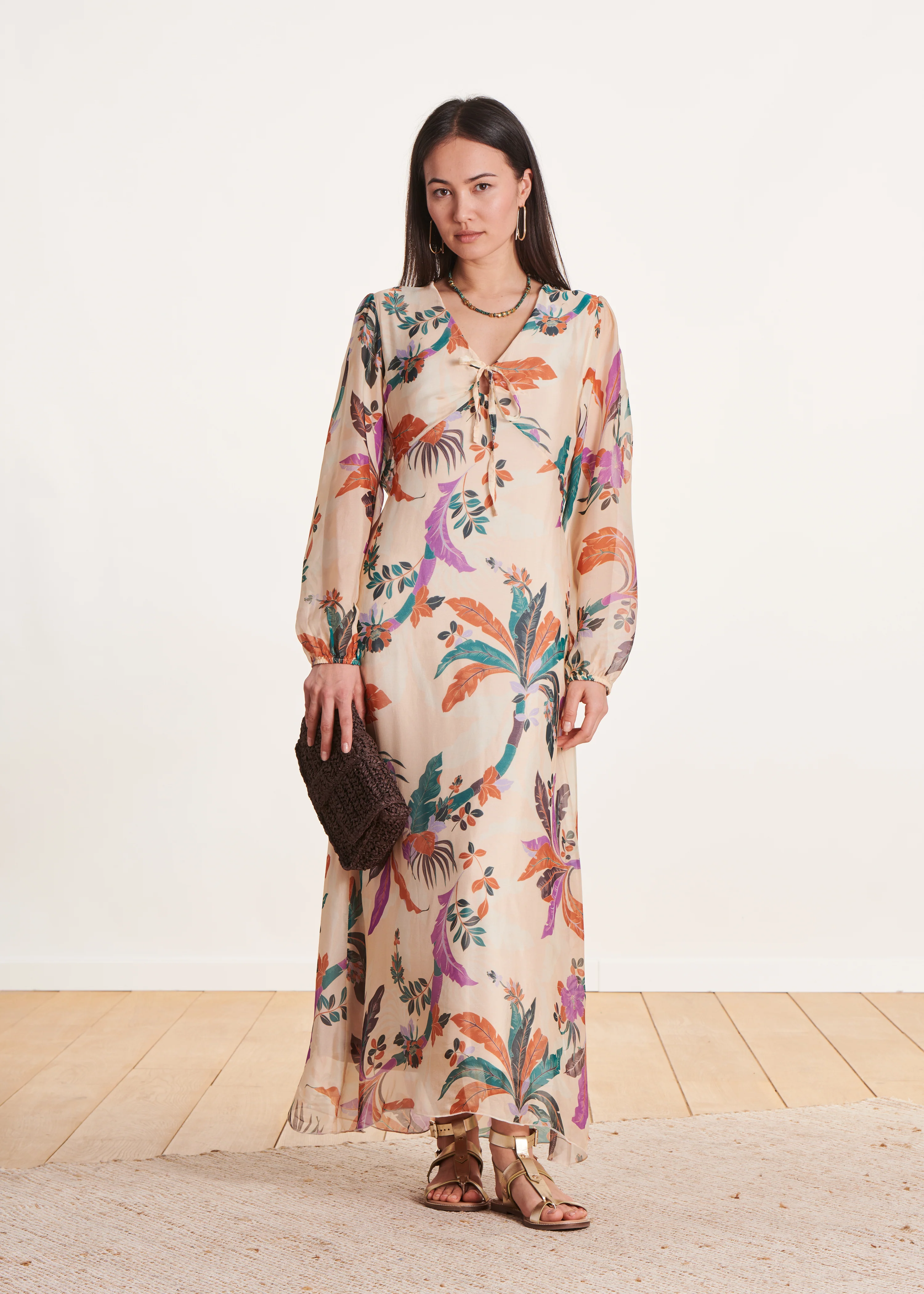 Robe longue en voile viscose/soie écru à imprimé - Image 2