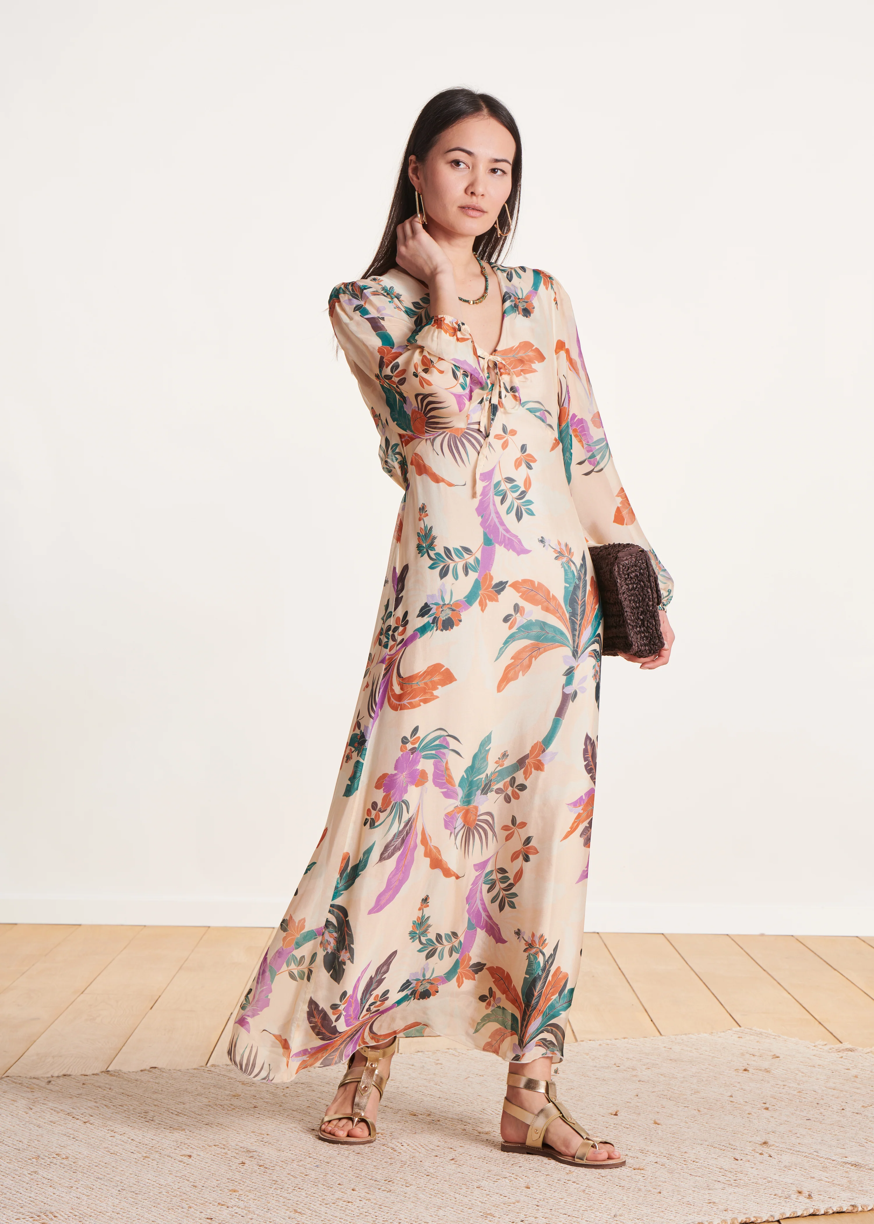 Robe longue en voile viscose/soie écru à imprimé - Image 3