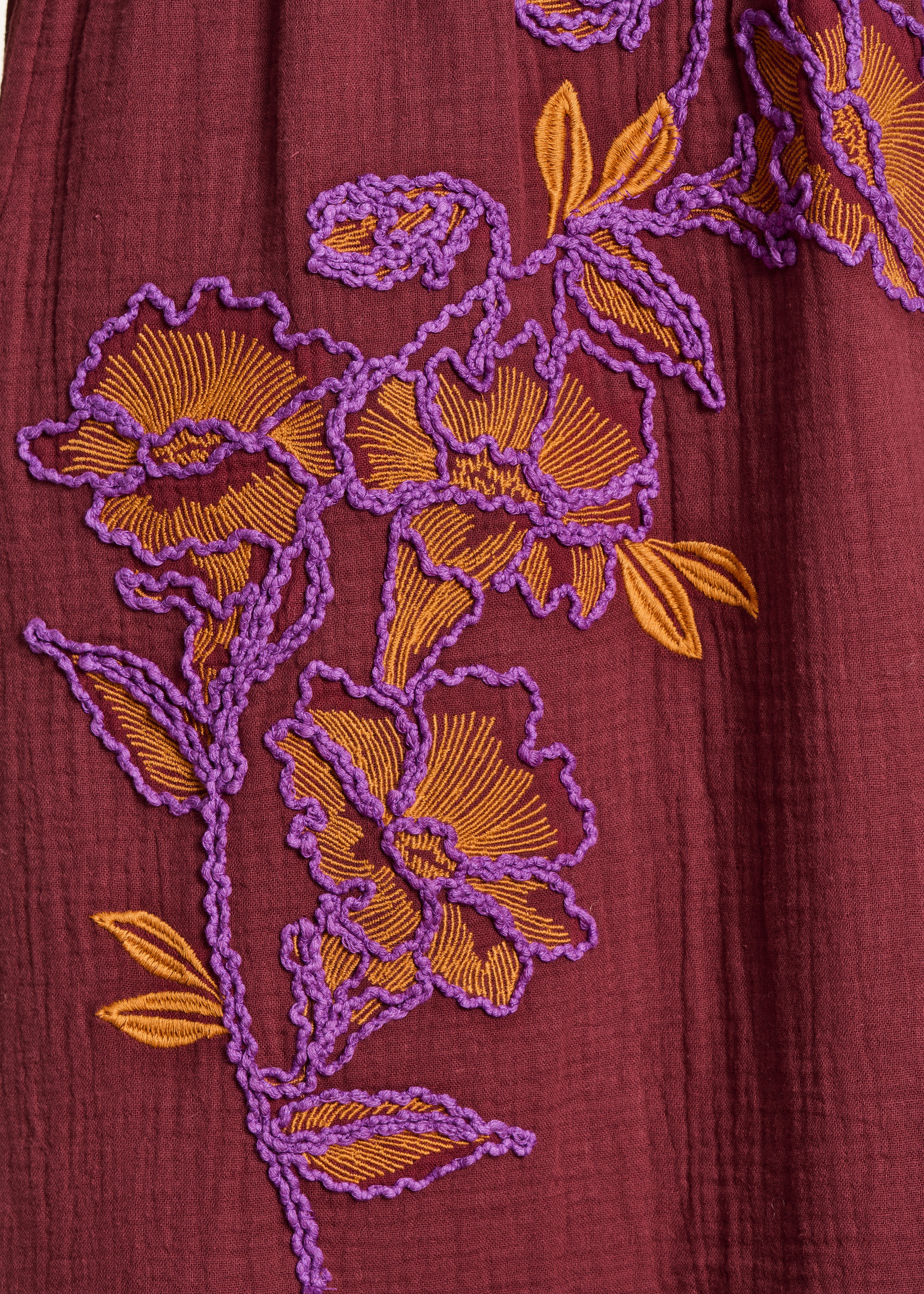 Robe longue en gaze de coton brodée marron manches courtes - Image 3