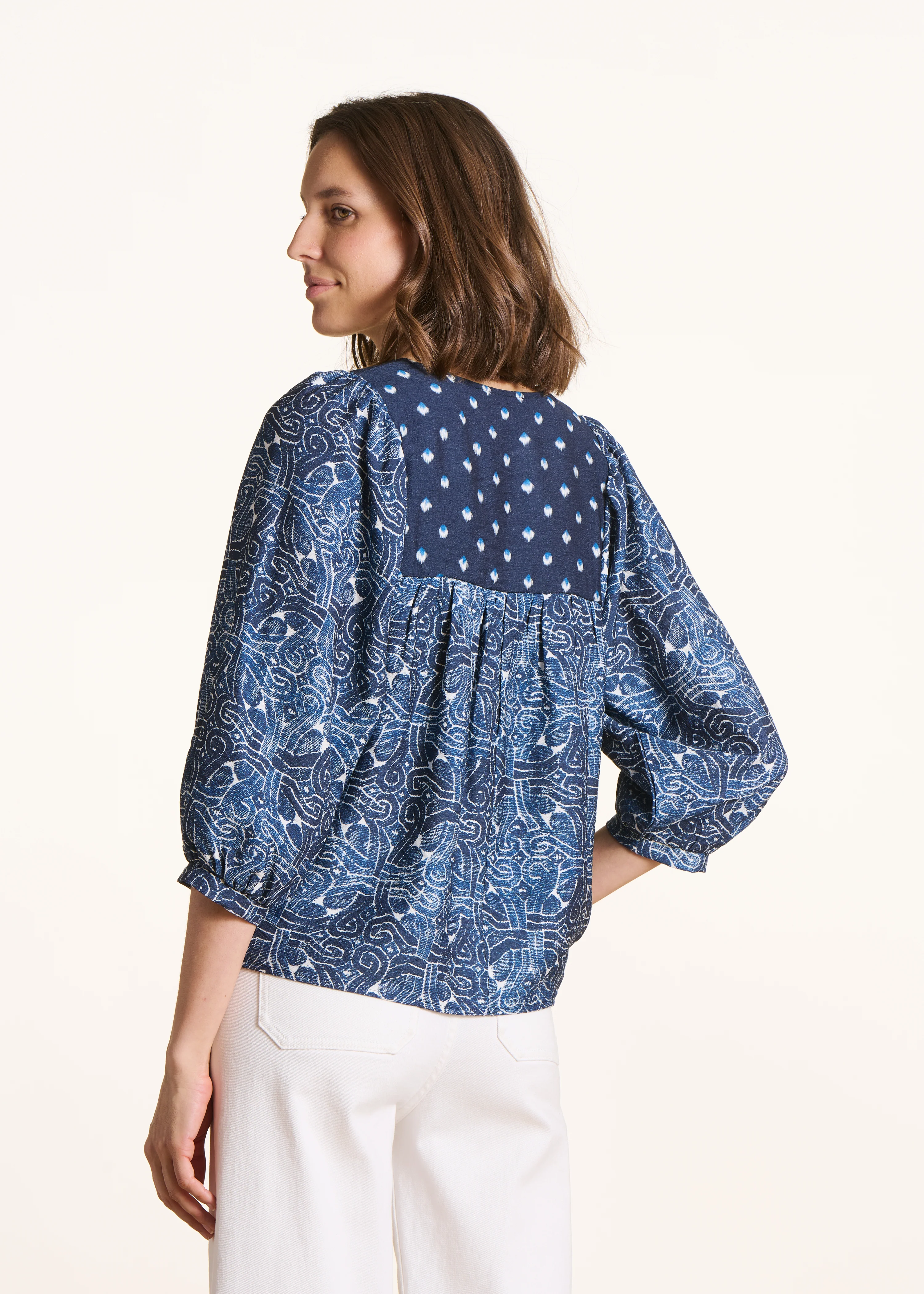 Top bleu patchwork imprimés manches 3/4 - Image 3
